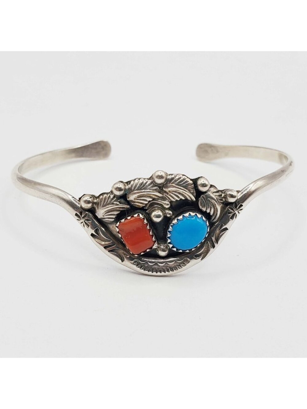 Natural Turquoise & Red Coral Cabochon Cuff Bracelet Sterling Silver